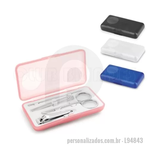 Kit manicure personalizado - Kit de 4 peças para manicure: cortador de unhas, tesoura, pinça e empurra cutículas. Fornecido em estojo. Gravação da logomarca em 1 cor já inclus