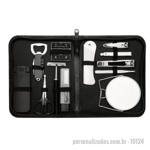 Kit masculino personalizado - Kit masculino Personalizado - 10124 - Kit masculino 12 peças em estojo de couro sintético, parte interna revestida com plástico em relevo e elástico para fixação dos itens. - 179260 - Kit masculino