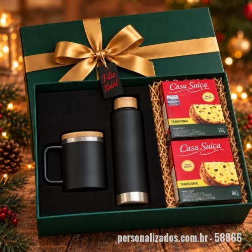 Kit Natal personalizado - O kit contém:  1 copo de viagem em aço inox 90% reciclado,térmico com parede dupla isolada a vácuo e tampa em bambu 420 ml  1 garrafa em aço inox de parede dupla térmica,isolada a vácuo 640 ml  2 mini panetone. casa suíça frutas 80g  1 caixa cartonada 34x25x8cm com tampa  Esteira de papelão