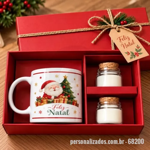 Kit Natal personalizado - O kit contém:  1 CANECA RETA DE CERAMICA SUBLIMÁTICA 325ML 1 VELA TAMPA ROLHA – 30G TAG + SISAL CAIXA CARTONADA MODELO 20X15X9CM
