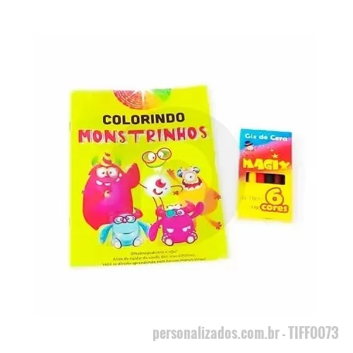 Kit para Pintar personalizado - Kit contendo: 01 Revistinha Personalizada para colorir no tamanho: 14 x 20cm, com capa colorida no papel Couchê Fosco 210g + 12 páginas de miolo no papel Offset 75g 1 x 1 cor (preto). E 01 caixinha com 06 giz de cera.
