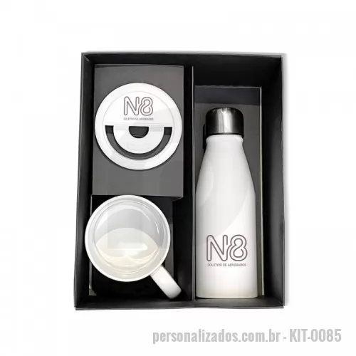 Kit personalizado - Kit com 1 ring ligh + 1 garrafa de metal com capacidade de 500 ml + 1 caneca de cerâmica com capacidade de 320 ml + 1 caixa em cartão 300gr, modelo tampa e fundo.