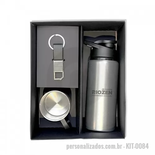 Kit personalizado - kit com 1 chaveiro de metal com material sintético + 1 mini caneca de metal 180 ml + 1 garrafa de metal com capacidade de 600 ml + 1 caixa em cartão 300gr, modelo tampa e fundo.