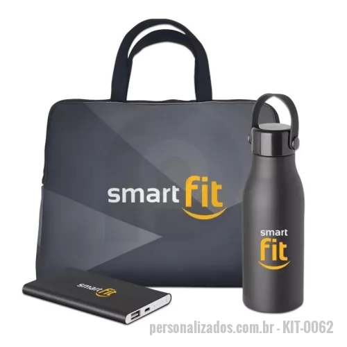 Kit personalizado - Kit Welcome Board, contém 1 pasta em neoplex 2mm no tamanho: 39x29x2,5cm, 1 garrafa em alumínio 550ml e 1 power bank 4.000 mAh