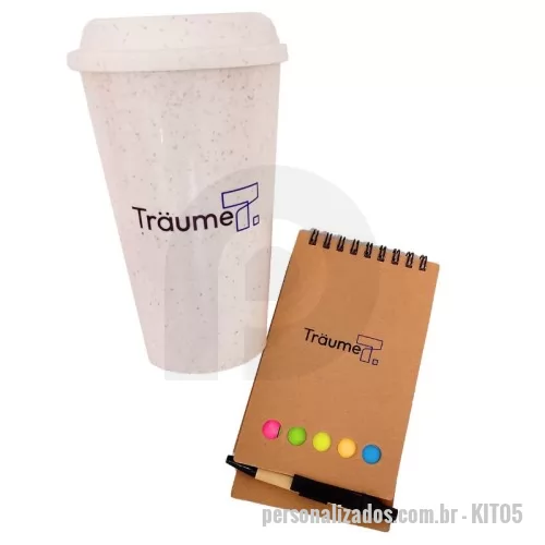Kit personalizado - Kit com bloco de anotações com autoadesivos e min caneta de papelão azul e Copo fibra de arro 550ml com tampa rosqueável com bocal.