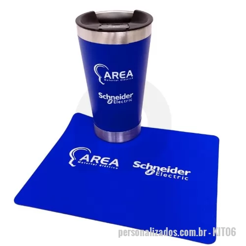 Kit personalizado - Kit com Copo Térmico com Abridor 500 ml e Mouse pad retangular de tecido com parte inferior emborrachada.