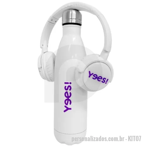 Kit personalizado - Kit com Fone de ouvido Bluetooth com haste ajustável e fones giratórios e Garrafa 750ml em inox com tampa rosqueável e pintura brilhante.