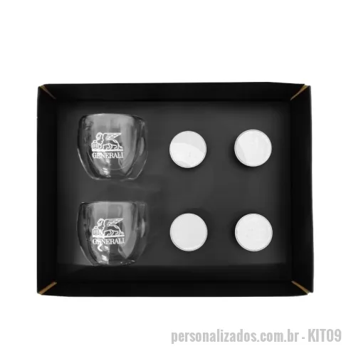 Kit personalizado - kit Macchiato com 2 Copos de Vidro parede dupla. Personalizados com a sua marca. Inclui 4 cápsulas de café expresso tipo Nespresso, 2 copos de vidro duplo, em caixa de presente com berço moldado.