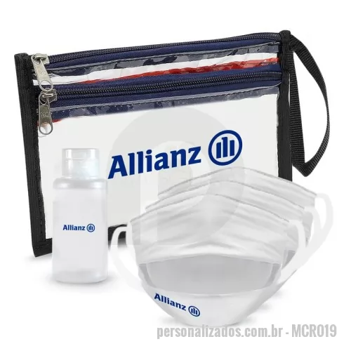 Kit Prevenção Covid personalizado - Kit Prevenção com Álcool em Gel 60ml 3 Máscaras com dupla e Necessaire
