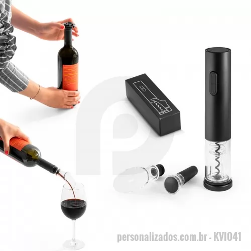 Kit saca rolhas personalizado - Conjunto de saca rolhas elétrico e acessórios em ABS e TPE. Incluso corta cápsulas, rolha de vácuo e salva-gotas. Com pilhas incluídas. Fornecido com caixa presente. 