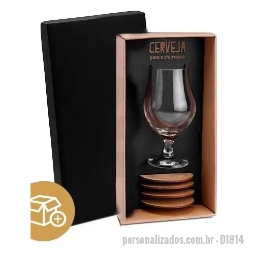Kit taça personalizado - Kit taça Personalizado - D1814 - Kit Taça personalizado em caixa de papel, Taça para Cerveja e 4 Porta copos. Gravação na taça e tampa da caixa. - 149074 - Kit taça