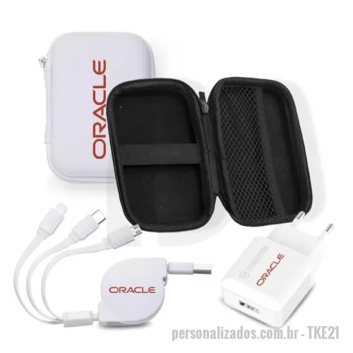 Kit Tecnologico personalizado - Kit tecnológico 3 peças com carregador de parede 1 usb-a, cabo de dados retrátil 3 em 1 e estojo em couro sintético