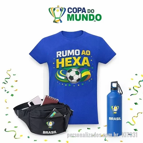 Kit torcedor personalizado - Kit Carnaval 3 Peças </br> Kit Torcedor Copa do Mundo - Vai Brasil </br> Contém: </br> 1 Pochete de Poliéster com três compartimentos bem distribuídos, ela oferece um bolso traseiro seguro e de fácil acesso, um bolso central com rede interna para separar e organizar itens, além de um bolso frontal ideal para objetos menores. Com alça de nylon ajustável para se adaptar a cada pessoa. - Gravação em Silk screen 1 cor (POC013) </br>  1  Squeeze Alumínio com Acabamento Matt. Com tampaem PP mosquetão rosqueável. Capacidade até 800 ml. Food grade. ø73 x 259 mm. - Gravação em Silk screen 1 cor (SQM052) </br> 1 Camiseta unissex de corte regular em malha 100% polyester fiado (135 g/m2) com fio 30/1 polyester. Com gola em ribana 1,5x1,5 com fita de reforço e com costura dupla nas mangas, barra de fundo e laterais. Tamanhos: P, M, G, GG - Gravação em Transfer Colorido (CMS006) </br> * Verificar cores de produtos Disponíveis.