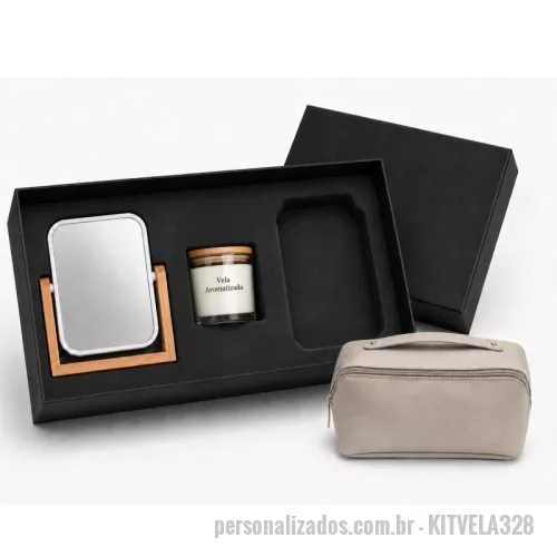 Kit vela personalizado - Kit vela Personalizado - KITVELA328 - Kit bem estar com espelho, vela e necessaire - 182360 - Kit vela