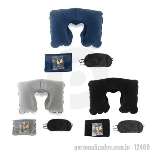 Kit viagem personalizado - Kit viagem com 3 peças, contém: travesseiro inflável (revestido de veludo), máscara para olhos de cetim(revestido com espuma) e um par de protetor auricular. Travesseiro colorido, máscara sempre preta e protetor sempre laranja. Acompanha uma necessaire colorida de veludo para guardar o kit.