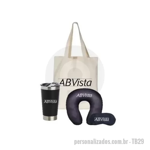 Kit viagem personalizado - 1 ecobag em Algodão cru 1 Copo termico 1 almofada de viagem 1 mascara de dormir