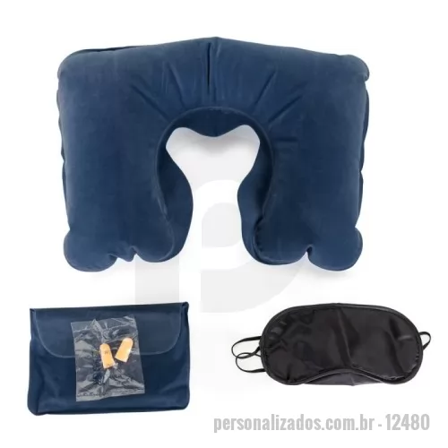 Kit viagem personalizado - Kit viagem com 3 peças, contém: travesseiro inflável(revestido de veludo), máscara para olhos de cetim(revestido com espuma) e um par de protetor auricular. Acompanha uma nécessaire de veludo para guardar o kit.
