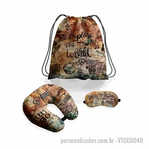 Kit viagem personalizado - Kit viagem composto por Sacochila em microfibra, máscara de dormir em helanca com acabamento em malha e almofada de pescoço em helanca. Conjunto desenvolvido para organização e apoio durante deslocamentos, pausas e momentos de descanso.