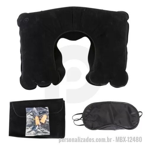 Kit viagem personalizado -  Kit viagem com 3 peças, contém: travesseiro inflável(revestido de veludo), máscara para olhos de cetim(revestido com espuma) e um par de protetor auricular. Acompanha uma nécessaire de veludo para guardar o kit.