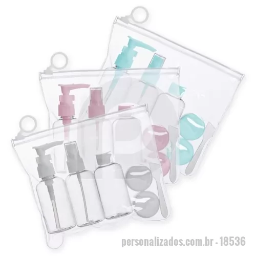 Kit viagem personalizado - Kit viagem 6 peças em estojo ziplock. Contém frasco de 80ml com tampa spray; frasco de 80ml com tampa rosqueável; frasco de 80 ml com tampa pump; 2 potes de 10ml com tampa rosqueável e mini espátula fosca. Frascos plásticos e estojo em pvc com puxador plástico.