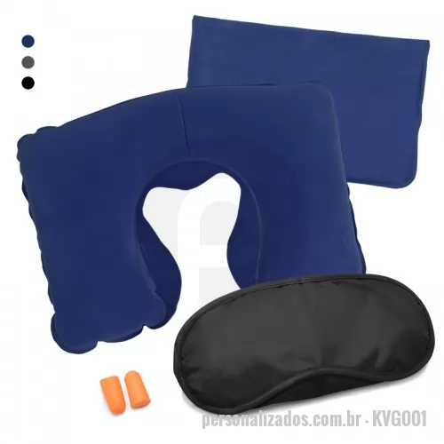 Kit viagem personalizado - Kit Viagem 3 em 1. Kit viagem com travesseiro inflável, tapa olho e protetor auricular. Nas cores: Azul preto e cinza.