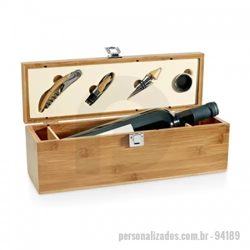 Kit vinho personalizado - Conjunto para vinho em bambu e zinco. Incluso saca-rolhas com canivete de sommelier, gargantilha, salva-gotas com tampa e rolha. 363 x 112 x 119 mm
