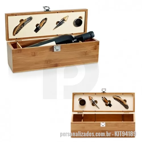 Kit vinho personalizado - Kit vinho Personalizado - KIT94189 - Conjunto para vinho em bambu e zinco. Incluso saca-rolhas com canivete de sommelier, gargantilha, salva-gotas com tampa e rolha. 363 x 112 x 119 m - 153992 - Kit vinho