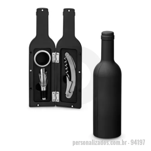 Kit vinho personalizado - Conjunto para vinho com três componentes em metal: saca-rolhas com canivete de sommelier, gargantilha e salva-gotas com tampa. Fornecido em estojo de oferta em formato de garrafa com acabamento em borracha.