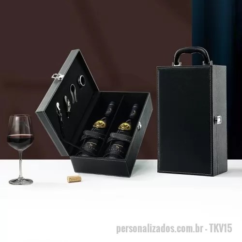 Kit vinho personalizado - Kit vinho 4 Peças em maleta de couro sintético com duas repartições para garrafas.