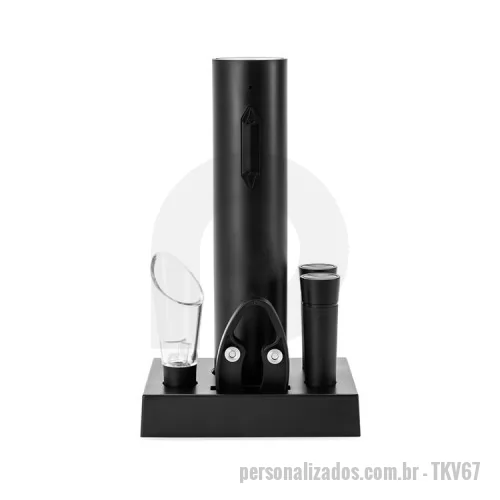 Kit vinho personalizado - Kit vinho com seis peças, incluindo saca-rolhas recarregável com acionamento por botões, bico dosador, duas rolhas plásticas, cortador de lacre e base organizadora. Acompanha cabo USB-C.