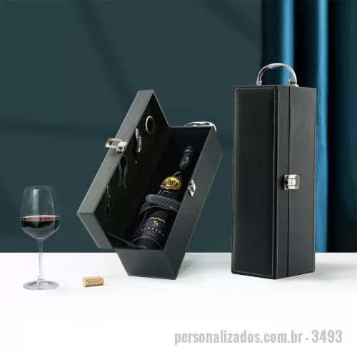 Kit vinho personalizado - it vinho 4 peças em maleta de couro sintético. Contém saca-rolhas metálico, bico condutor com tampa, cortador de lacre e wine colar. Maleta com alça, trava de segurança e parte interna revestida de veludo com área de acomodação para garrafa.