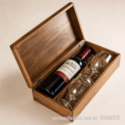 Kit vinho personalizado - Kit vinho Personalizado - KVIN8975 - kit vinho em caixa de madeira com 2 taças - 182724 - Kit vinho