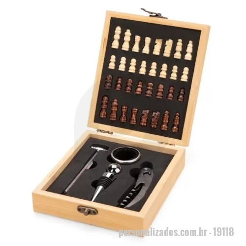Kit vinho personalizado - Kit Vinho Xadrez 4 Peças - 5 x 14,6 x 17,4 cm