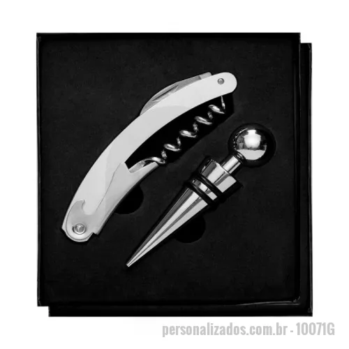 Kit vinho personalizado - Kit vinho 2 peças em estojo com tampa, contém saca-rolhas metálico com lâmina de corte e abridor de garrafa e tampa de bico.