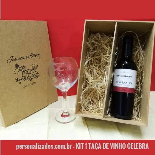 Kit vinho personalizado - Kit 1 taça de vinho Celebra – vinho – caixa MDF