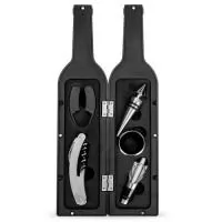 Kit vinho formato garrafa com 5 peÃ§as, material plÃ¡stico resistente e revestido internamente com espuma. Possui tampa de bico, wine collar, bico condutor com tampa, saca rolhas e cortador de lacre.