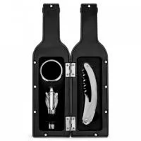 Kit vinho formato garrafa com 3 peças: wine collar, bico condutor com tampa e saca-rolhas metálico com lâmina de corte e abridor de garrafa. Estojo com fechamento imantado e área interna com berço de espuma