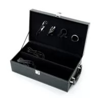  Kit vinho 4 Peças em maleta de couro sintético com duas repartições para garrafas. Contém saca-rolhas metálico, bico condutor com tampa, cortador de lacre e wine collar. Maleta com alça e trava de segurança, área interna revestida de veludo com suporte em couro sintético e velcro em cada repartição para fixação das garrafas.