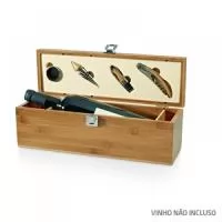 Kit caixa para vinho 04 peças, caixa em bambu e zinco, saca-rolhas com canivete de sommelier, gargantilha, salva-gotas com tampa e rolha