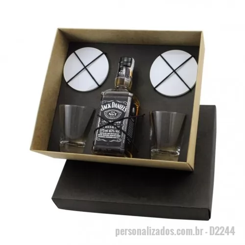 Kit whisky personalizado - Kit whisky Personalizado - D2244 - Kit Whisky personalizado em caixa de papel, Jack Daniel's 375ml, 2 Copos e 2 Porta Copos. - 149080 - Kit whisky