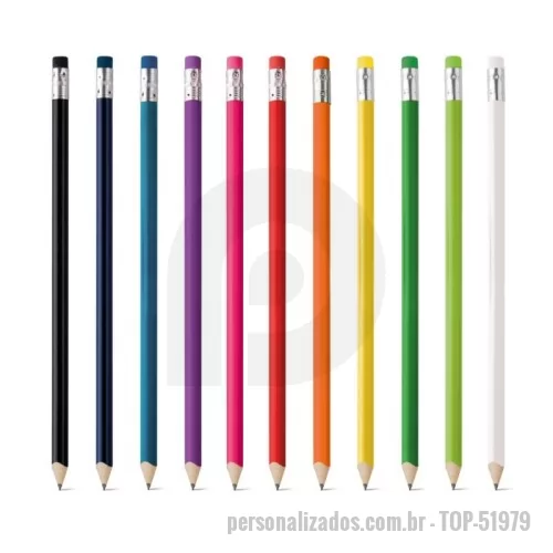 Lápis com Borracha personalizado - Lápis apontado com borracha. Grau de dureza: HB. Produto certificado de acordo com a portaria Inmetro nº423 de 8/out/2021 e entregue já apontado. ø7 x 190 mm