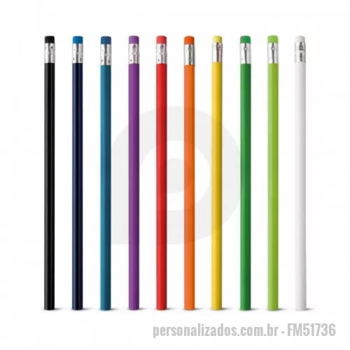Lápis com Borracha personalizado - Lápis com borracha. Grau de dureza: HB. ø7 x 190 mm. Cores Disponíveis: Preto, Azul Escuro, Vermelho, Branco, Amarelo, Verde Claro, Verde Limão, Azul Claro, Laranja e Roxo