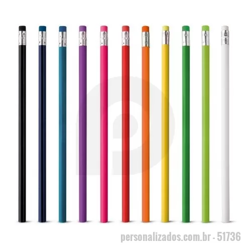 Lápis com Borracha personalizado - Lápis com borracha. Grau de dureza: HB. Produto certificado de acordo com a portaria Inmetro nº423 de 8/out/2021. ø7 x 190 mm  Caixa exterior (m): 0,440X0,230X0,330 Peso da caixa (Kg.): 13.250 Peso do Produto (g.): 1 Caixa Exterior (Un.): 2000 Caixa interior (Un.): 100 NCMS: 96091000 País de origem: China