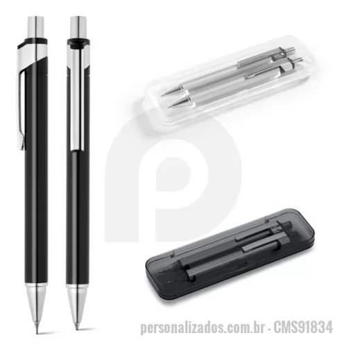 Lapiseira personalizada - Conjunto de esferográfica e lapiseira em alumínio. Esferográfica até 1,5 km de escrita. Lapiseira com grafite 0.5 mm. Escrita em azul. Incluso estojo. ø11 x 137 mm | Estojo: 165 x 50 x 24 mm