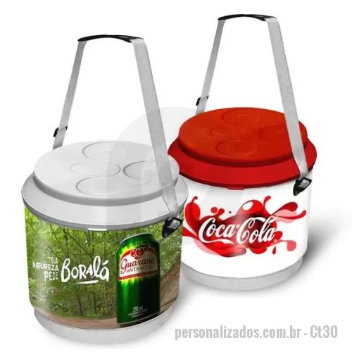 Lata personalizada - Cooller Térmico em PP com parede dupla e isolamento interno com chapa de isopor, e alça de ombro, capacidade para 30 latas com 21 litros, tamanho aproximado 31 x 34 cm.