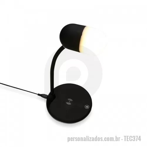 Luminária personalizada - Luminária LED de mesa, articulável, superfície para carregar dispositivos por indução (wireless) de 5W e “Speaker” “Bluetooth” com 3W de potência.  Material: Plástico ABS com acabamento emborrachado  Dimensão: 280x120x120 mm  Peso: 343g (454g com caixa)  Voltagem: AC100- 240V/50-60HZ  Entrada de corrente: DC 5V/3A  “Bluetooth” Versão: 4.2   “Speaker”: 4?,3W, 40MM   Tipo de LED: 7 LEDs amarela (quente) e 7 LEDs branca  Brilho da Lâmpada LED: 28LM  Potência do carregador “Wireless”: 5W