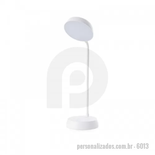 Luminária personalizada - Luminária articulável recarregável com 10 leds e funcionamento touch, material plástico. Contém três estágios de iluminação com regulagem de intensidade touch: luz fria (branca), luz quente (amarela) e luz mista (branca e amarela)