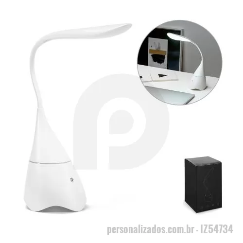 Luminária personalizada - Luminária de mesa com caixa de som em ABS com 18 LEDs de alto brilho, botão tátil e braço flexível. Transmissão sem fios BT v4.2 e ligação stereo 3,5 mm com 5W/4?. Autonomia aproximada 6 horas. Permite a conexão à playlist do dispositivo móvel. Inclu