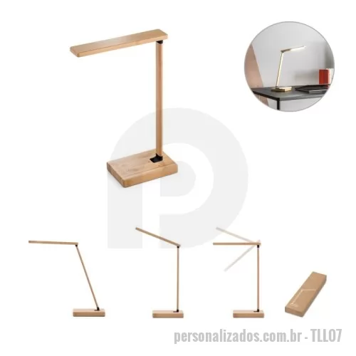 Luminária personalizada - Luminária de mesa dobrável em bambu com carregador por indução (wireless), com 16 LEDS brancos e 9 amarelos. O carregador sem fios é de carregamento super-rápido, tendo uma potência máxima de 15W. Incluso cabo de carregamento USB-C de 1 metro. Fornecido em caixa presente de papel kraft reciclado. A cor e o resultado da impressão nos materiais naturais pode variar entre produtos.