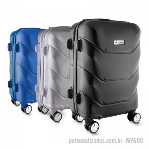 Mala de Bordo personalizada - Mala de Bordo Personalizada - MV600 - Mala viagem pequena em ABS (Estireno de acrilonitrilo e butadieno); Forro poliéster; Sistema de carrinho de aço; Alça de mão na lateral e na parte superior; Quatro rodas de 360 graus; Acompanha Plaquinha de acrílico auto colante sem personalização. - 159853 - Mala de Bordo